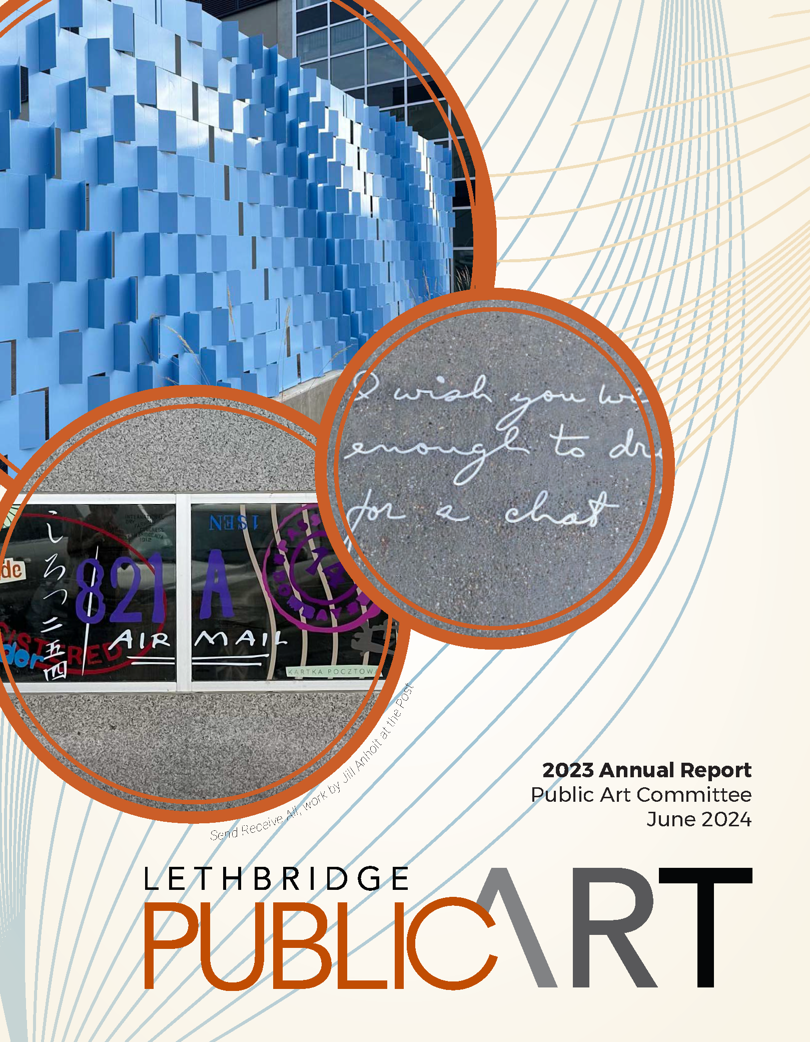Cover of the 2023 Public Art Annual Report with circles around Jill Anholt's "Send., Receive, All" at the Post Building
