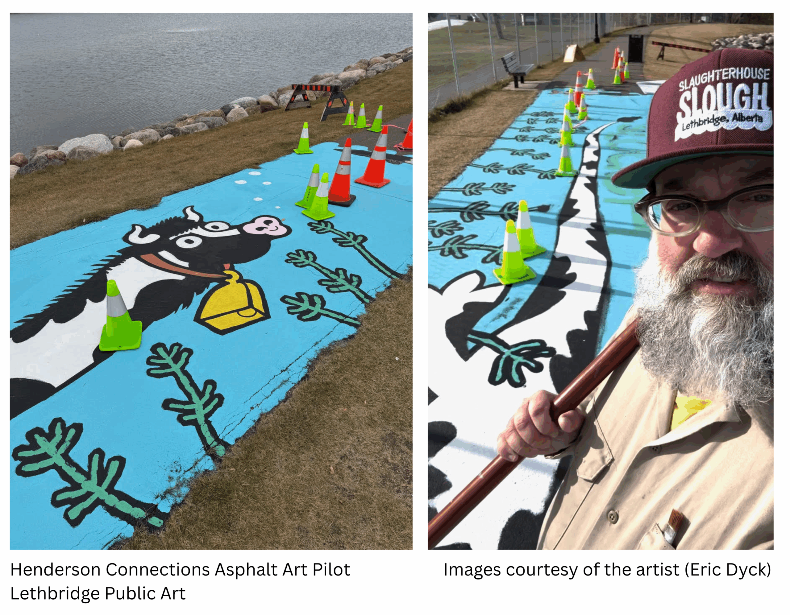 Slough Serpent by Eric Dyck Eric Dyck selfie in front of the asphalt mural and more completed elements