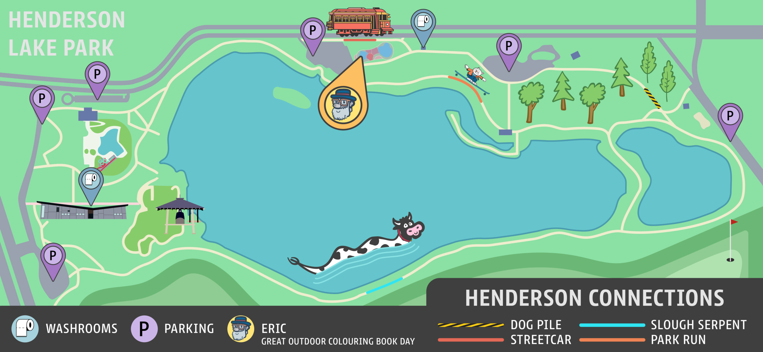 Map of Henderson Lake Park with locations of ground murals and other points of interest