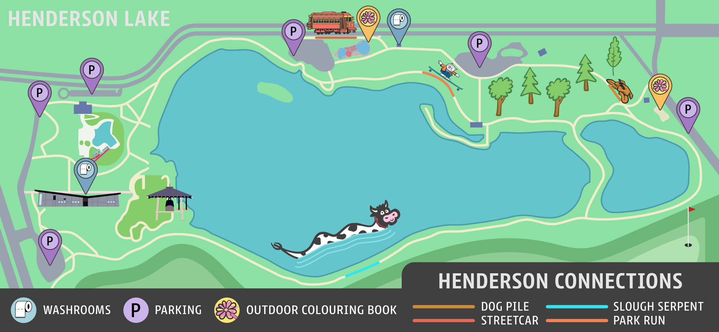 A graphic map of Henderson Lake showing icons where asphalt mural sites are located.
